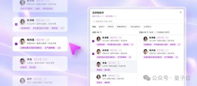 系统里选智能体的界面,可以按科室挑分身,右侧是医生列表