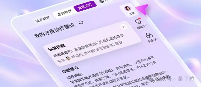 分身给出的诊疗建议界面:把盐酸普萘洛尔片改为美托洛尔,诊断一栏写着甲状腺功能亢进症
