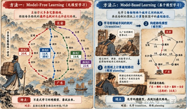 原报道的对照图：左边是「无模型学习」的试错路线，右边是「基于模型学习」的查资料与计算，标注最短 16 天