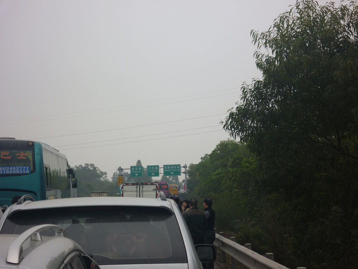 高速公路上的车流,近处是轿车和绿色大巴,远处是货车