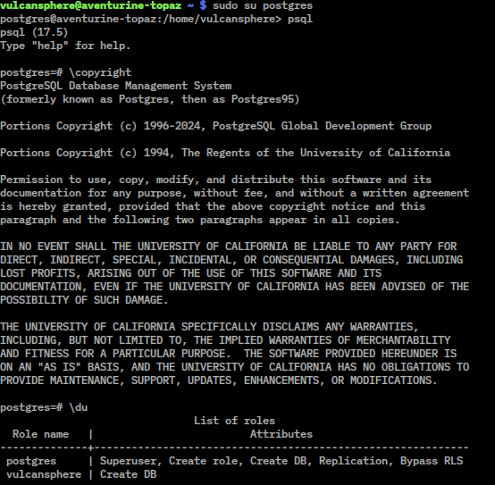 真实的 psql 会话截图,图中版本为 17.5,不是 19。来源 Wikimedia Commons,PostgreSQL License